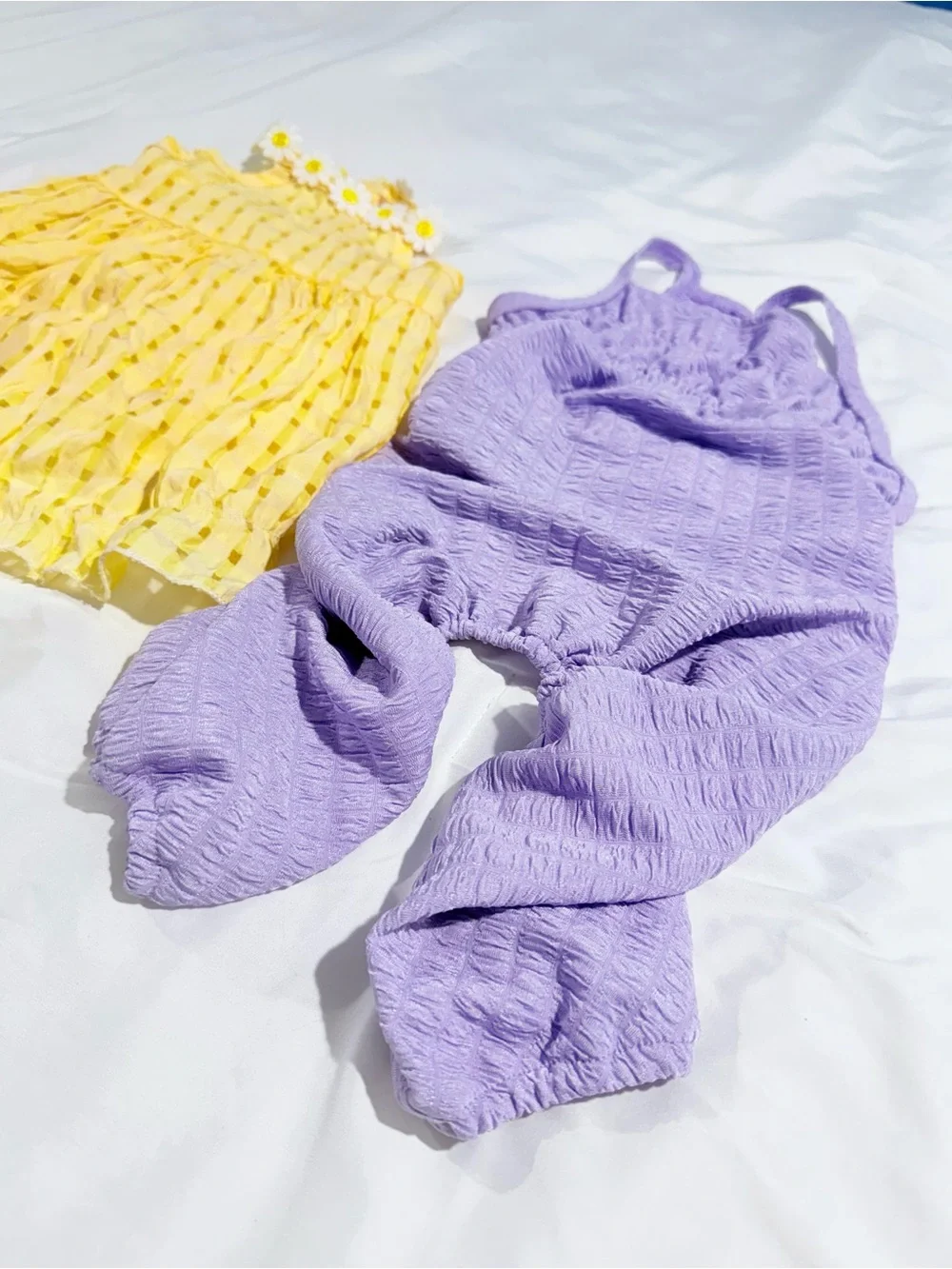 Yellow Daisy Trim Sundress & Lavender Smocked Romper Set
